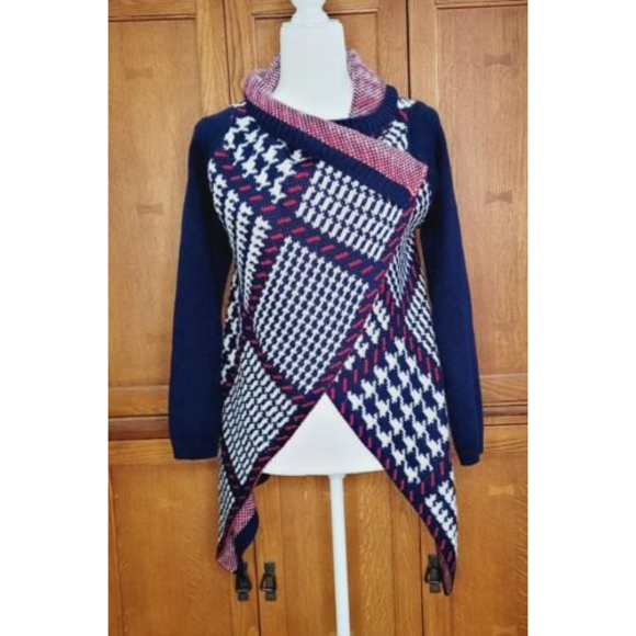 Red, White, & Blue Mixed Pattern Wrap Knit Sweater Cardigan.‎ Size XS/S - Picture 1 of 7